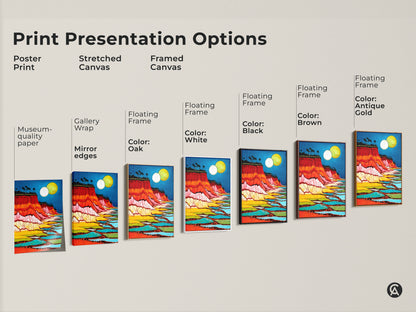 Explore options for abstract art prints. This chart displays stretched and framed canvases. Note various floating frame colors such as black brown antique gold and white. The crimson azure landscape art offers eclectic home decor. Find the perfect fit for your unique home decor gift.