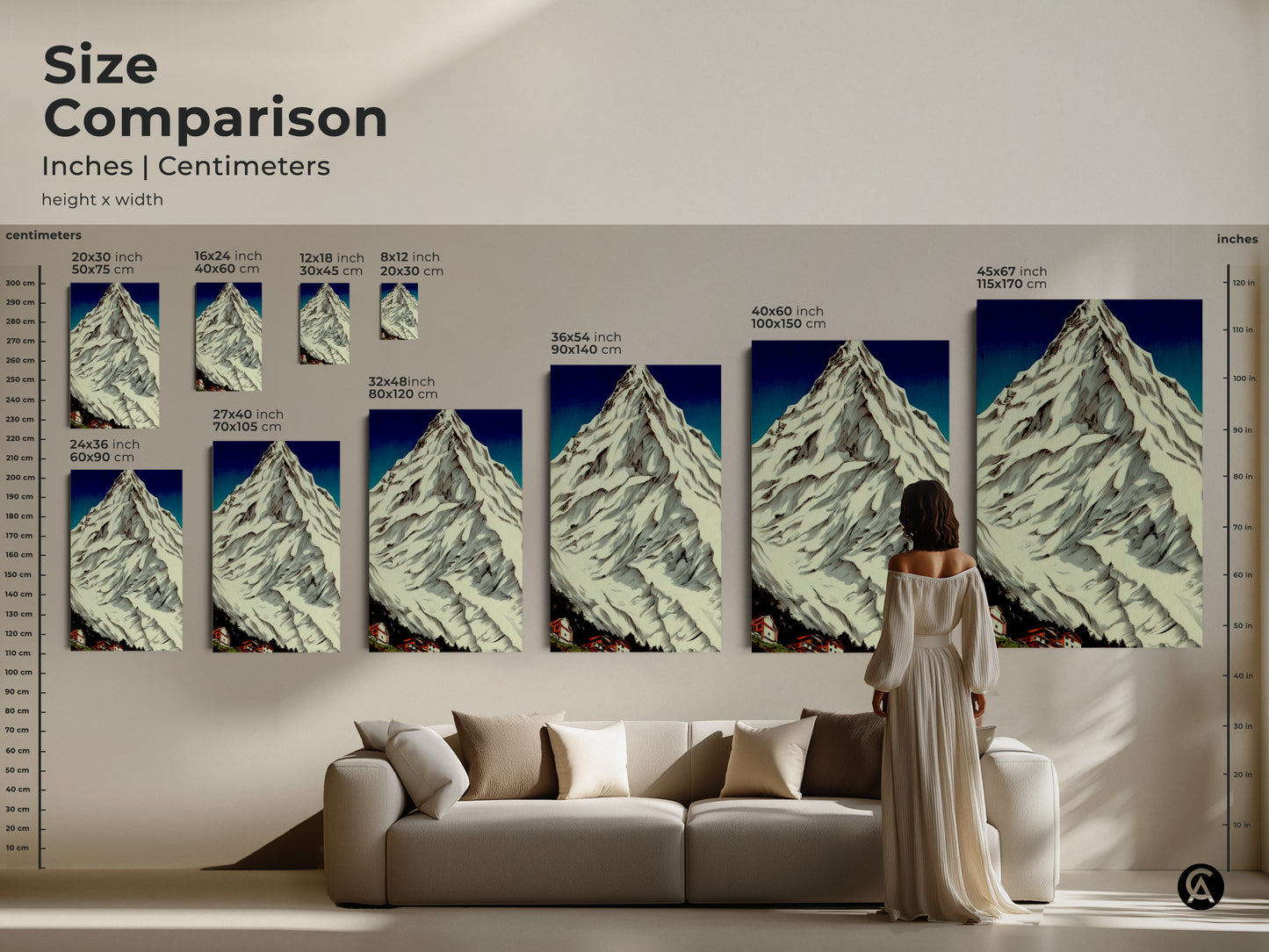 Size comparison of snowy mountain village canvas art. Various sizes in inches and centimeters are shown. Ideal for cozy home art. Consider this vintage poster art as a housewarming gift. It is suited for bedroom wall decor.