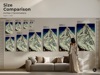 Size comparison of snowy mountain village canvas art. Various sizes in inches and centimeters are shown. Ideal for cozy home art. Consider this vintage poster art as a housewarming gift. It is suited for bedroom wall decor.