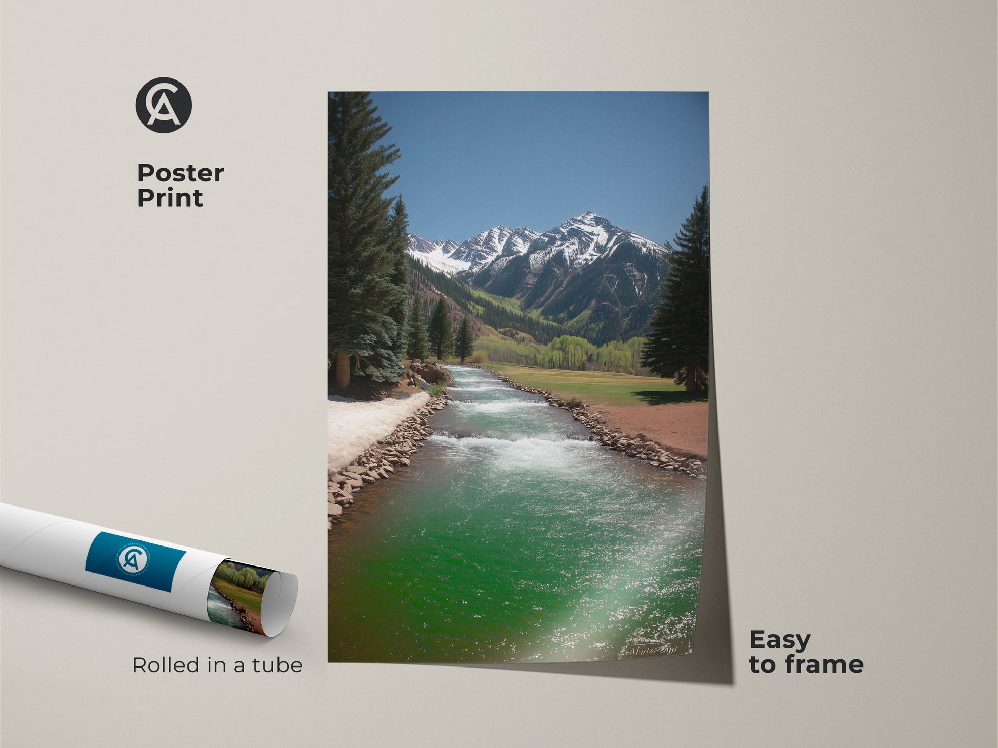 This poster print features a scenic mountain river landscape. The turquoise and green hues create a calming nature scene. Rolled in a tube this rustic artwork is easy to frame. It's ideal for any room needing a touch of the outdoors.