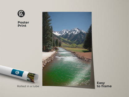 This poster print features a scenic mountain river landscape. The turquoise and green hues create a calming nature scene. Rolled in a tube this rustic artwork is easy to frame. It's ideal for any room needing a touch of the outdoors.