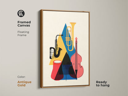 Framed canvas of colorful geometric artwork with a floating antique gold frame. This mid-century modern artwork features a saxophone tuba and double bass. The colors are yellow blue and red. Ready to hang this abstract geometric art print offers a retro artistic vibe. Perfect for music lovers seeking unique wall decor.