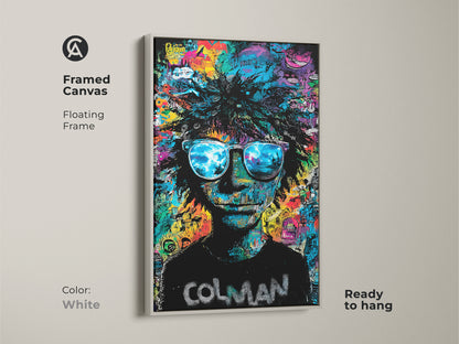 Framed canvas art in a white floating frame. Ready to hang. This Colman artwork features a person with sunglasses. The lenses reflect a beach scene. The background has colorful graffiti. A clean look with this framed art.