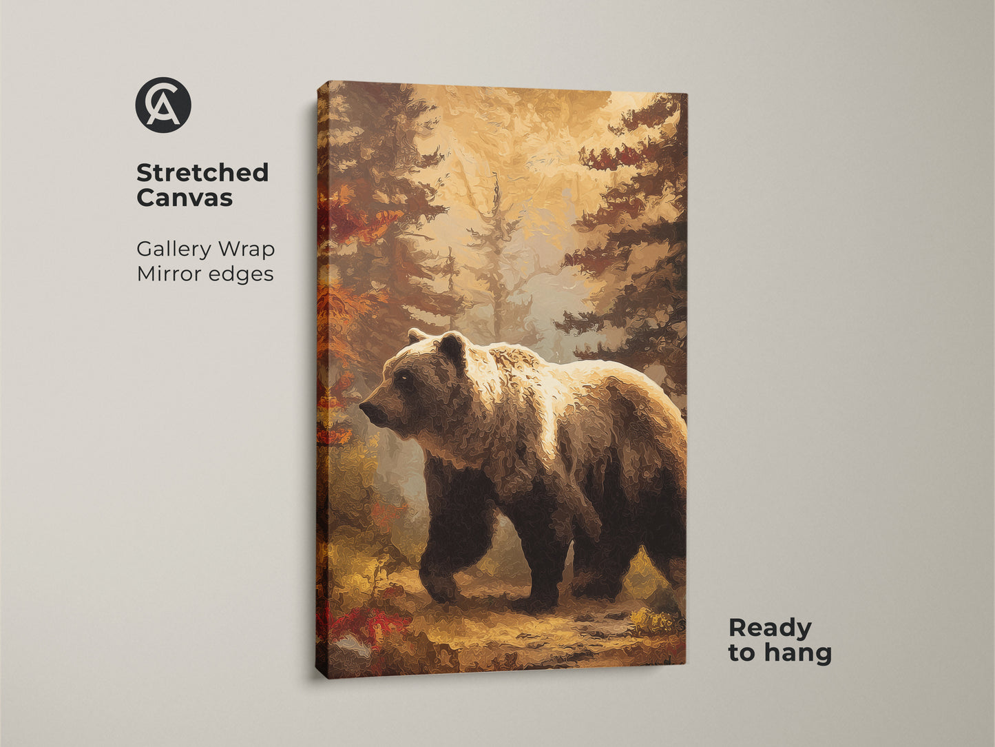 Stretched canvas gallery wrap of a bear in forest art. The mirror edges enhance the rustic woodland wall art. This golden yellow bear art is ready to hang and enjoy.