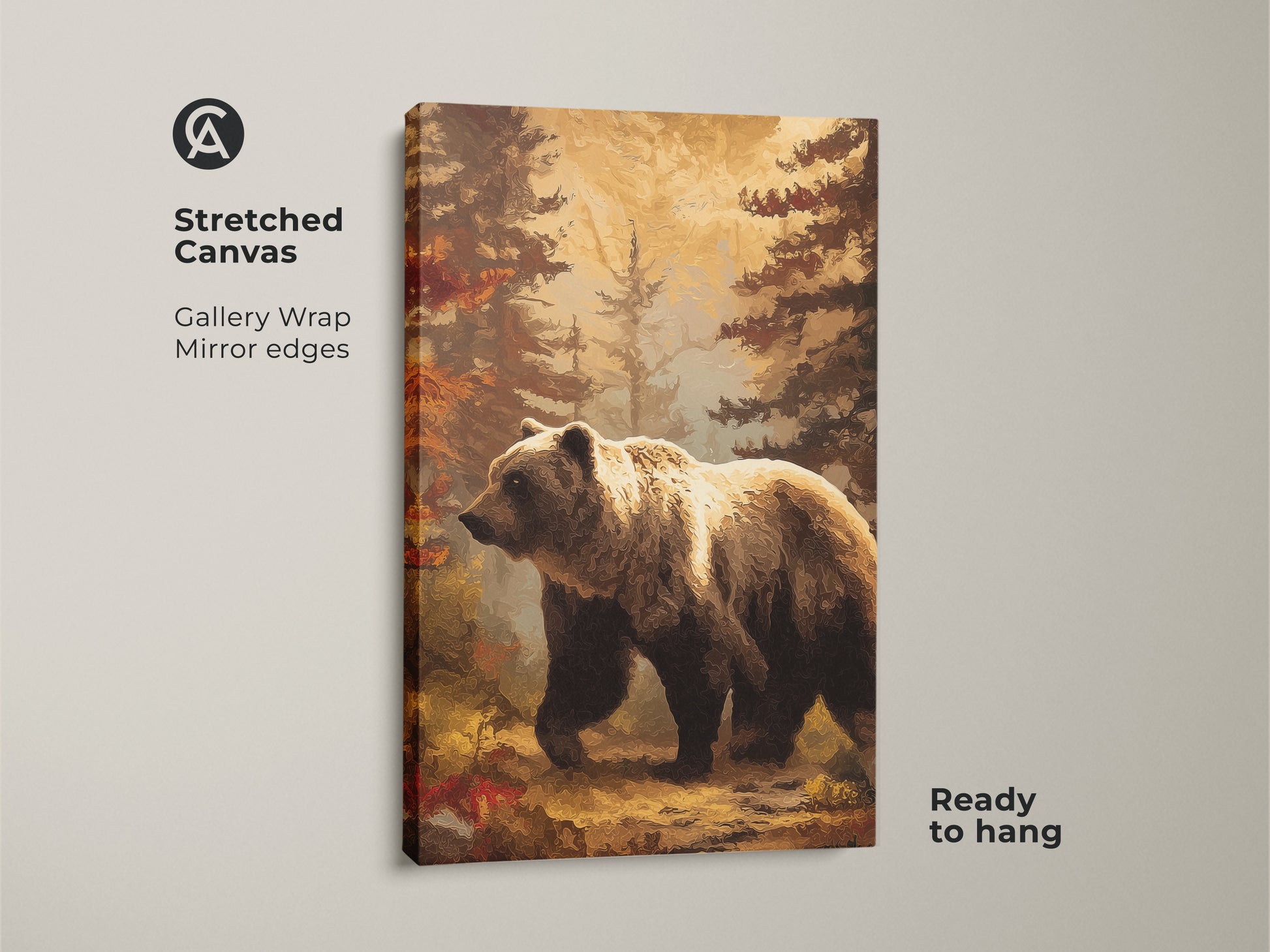 Stretched canvas gallery wrap of a bear in forest art. The mirror edges enhance the rustic woodland wall art. This golden yellow bear art is ready to hang and enjoy.