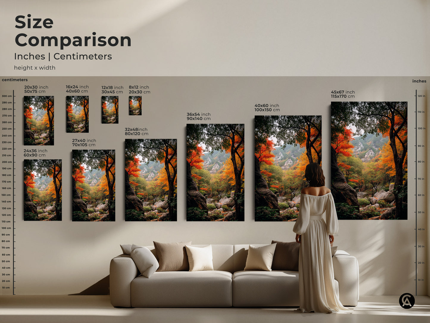 Size comparison of autumn forest landscape art in inches and centimeters. Visualize how each size fits with our helpful guide. From small accents to large statement pieces find the perfect scale. The art is available as canvas or poster. Elevate your space with beautiful nature-inspired artwork.
