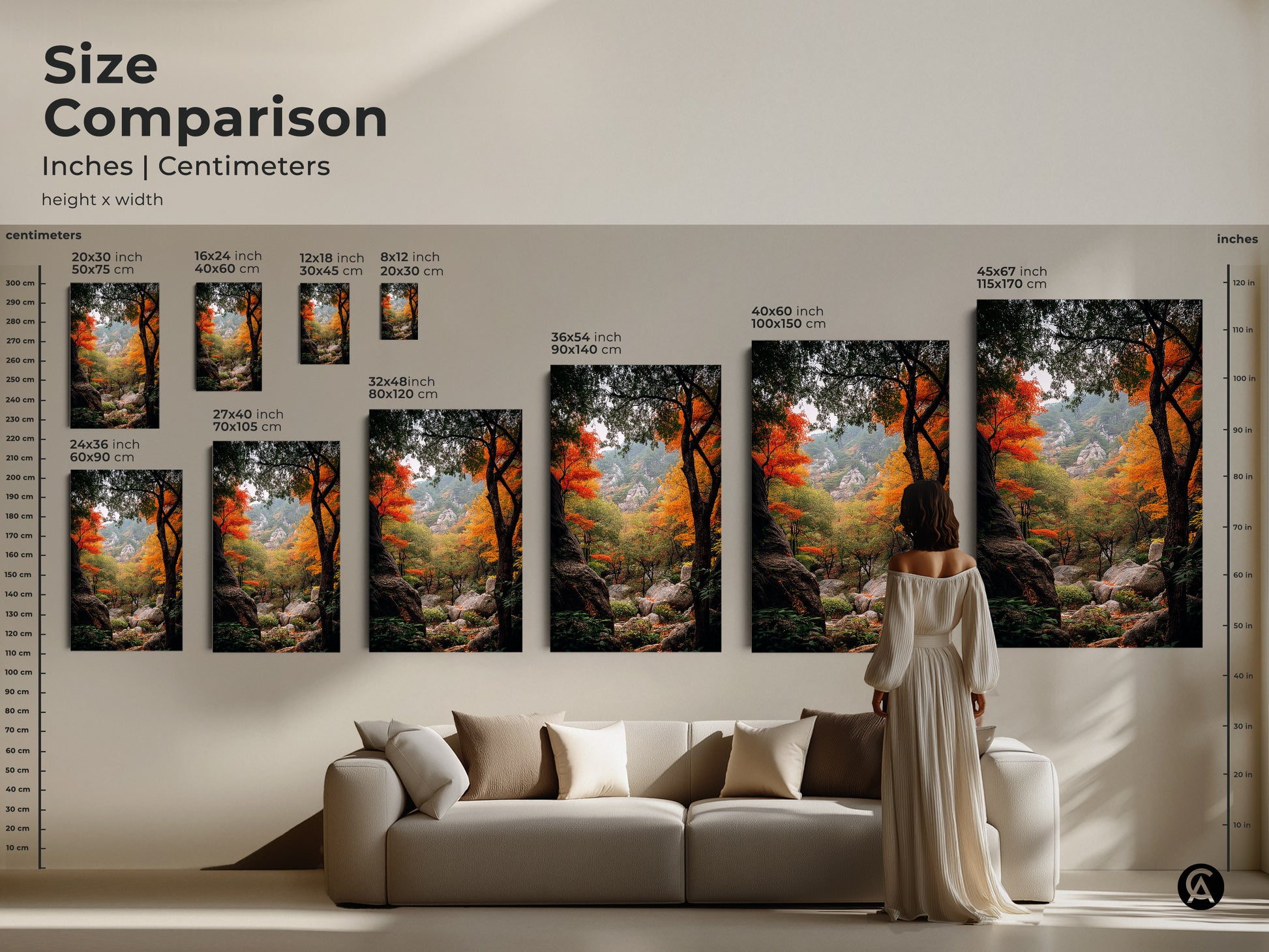 Size comparison of autumn forest landscape art in inches and centimeters. Visualize how each size fits with our helpful guide. From small accents to large statement pieces find the perfect scale. The art is available as canvas or poster. Elevate your space with beautiful nature-inspired artwork.
