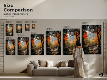 Size comparison of autumn forest landscape art in inches and centimeters. Visualize how each size fits with our helpful guide. From small accents to large statement pieces find the perfect scale. The art is available as canvas or poster. Elevate your space with beautiful nature-inspired artwork.