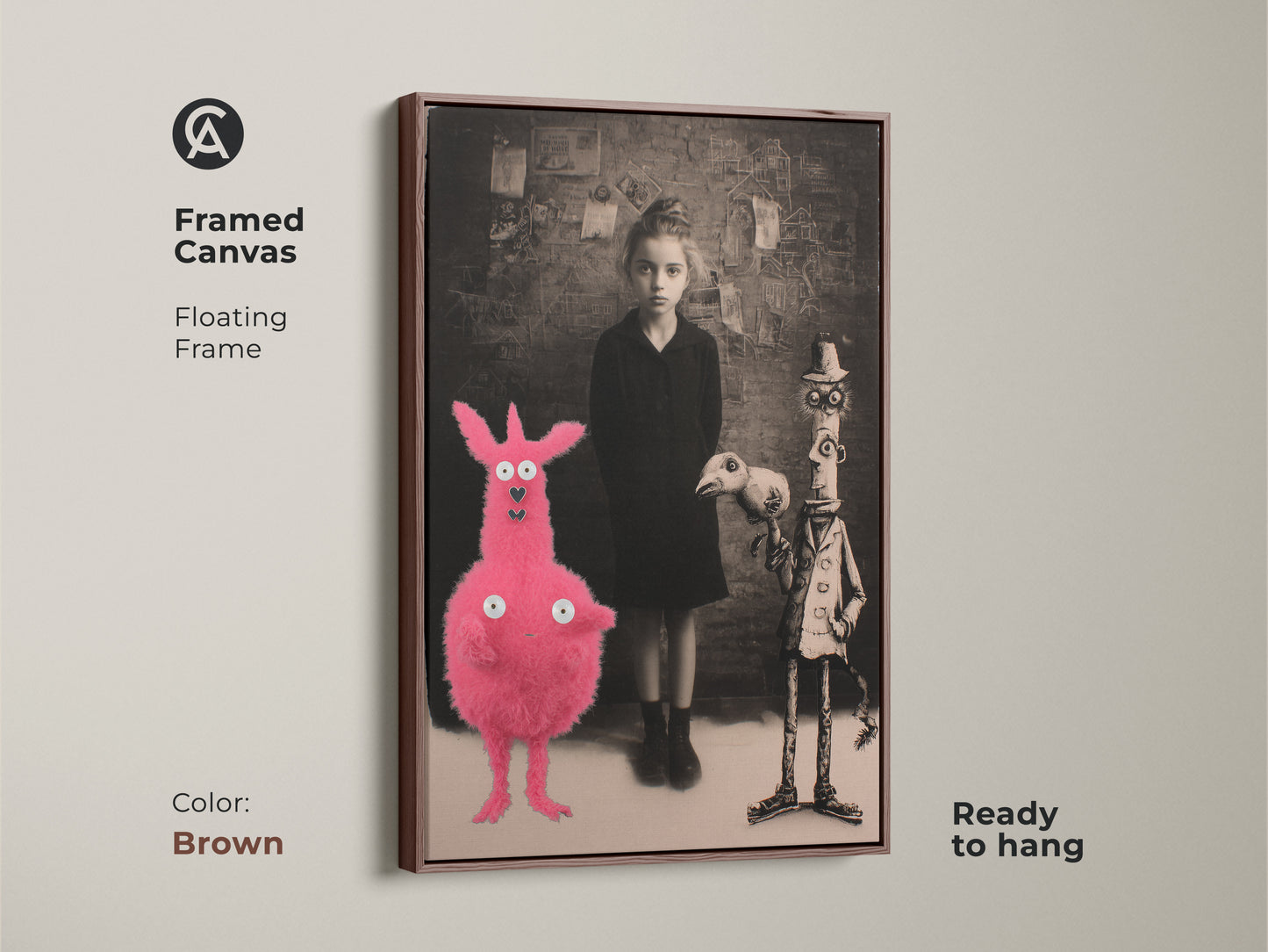 Framed canvas showcasing a surreal girl with a pink creature and birdman. The floating frame is brown and ready to hang. This dark academia art is great gothic fantasy artwork. A unique gift for art fans and Halloween enthusiasts.