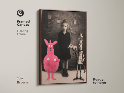 Framed canvas showcasing a surreal girl with a pink creature and birdman. The floating frame is brown and ready to hang. This dark academia art is great gothic fantasy artwork. A unique gift for art fans and Halloween enthusiasts.
