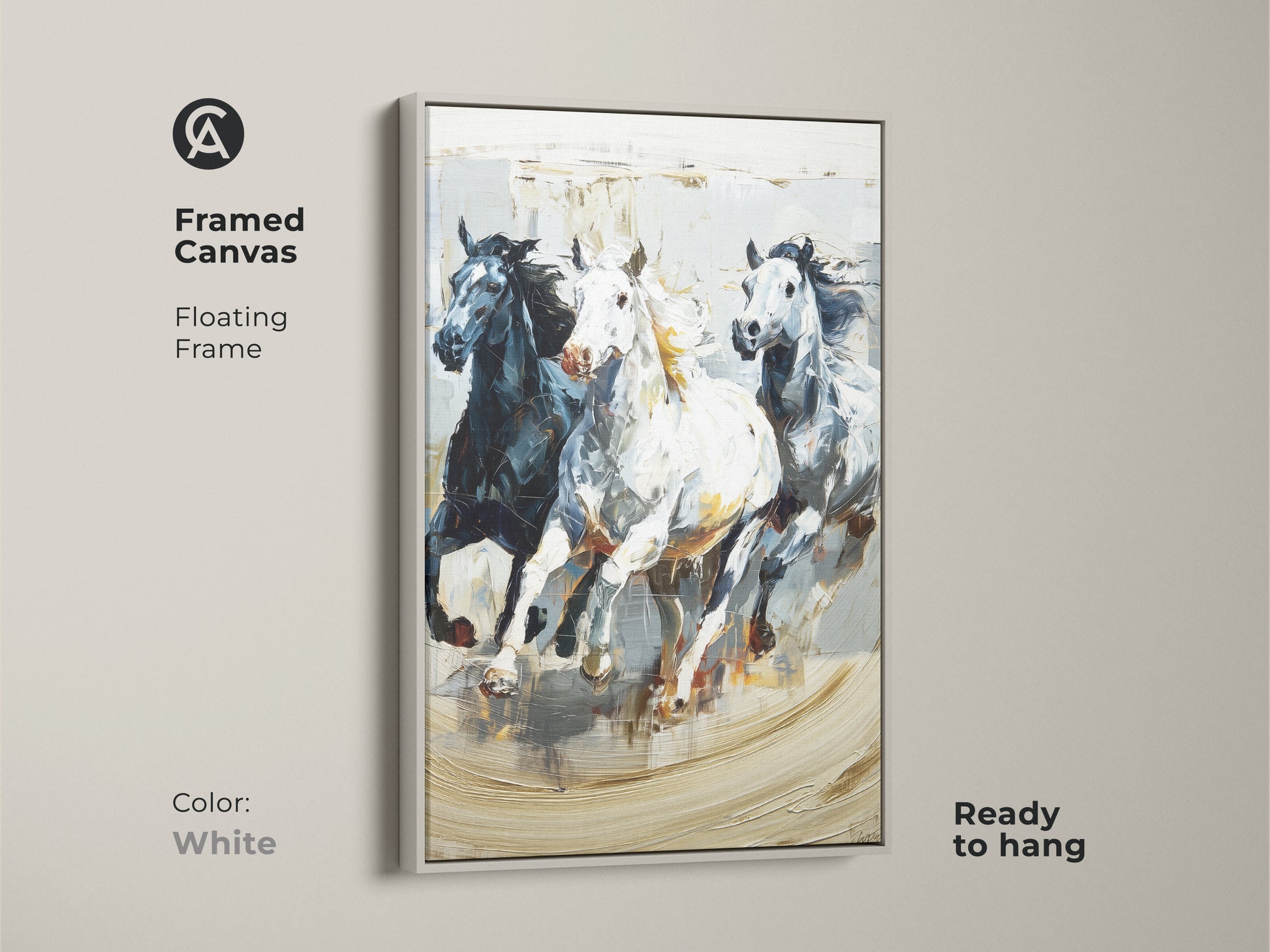 Framed canvas featuring galloping horses in an impressionistic style with a floating white frame. The black white and gray animal nature artwork is ready to hang. This dynamic equine art is perfect for eclectic homes and horse enthusiasts. The modern animal artwork is a unique housewarming gift. It captures wild horse movement.