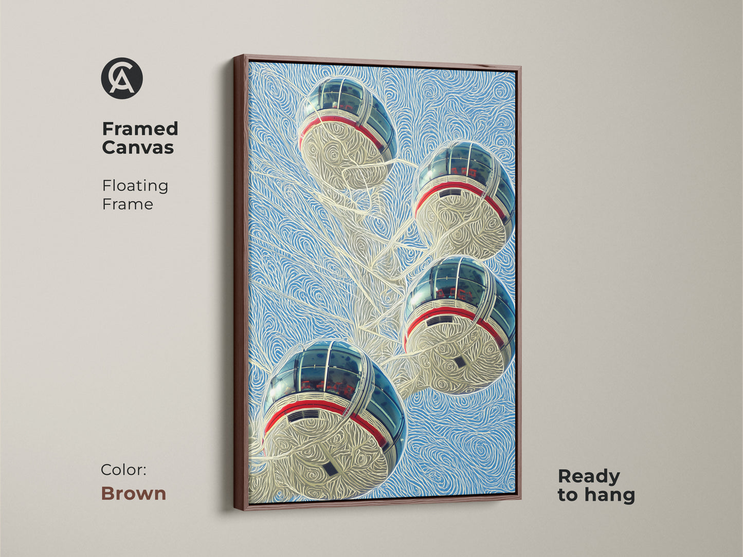 Experience the sophistication of our framed London Eye canvas artwork. Featuring a brown floating frame this contemporary cityscape art print is ready to hang. It adds a touch of modern city view to any room enhancing your home decor.