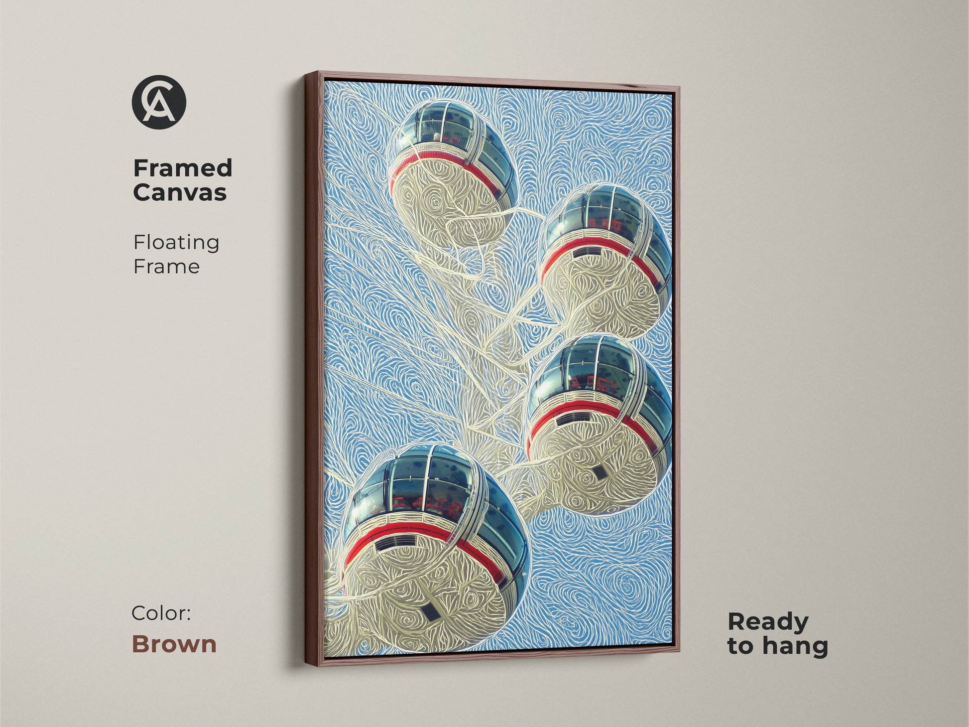 Experience the sophistication of our framed London Eye canvas artwork. Featuring a brown floating frame this contemporary cityscape art print is ready to hang. It adds a touch of modern city view to any room enhancing your home decor.
