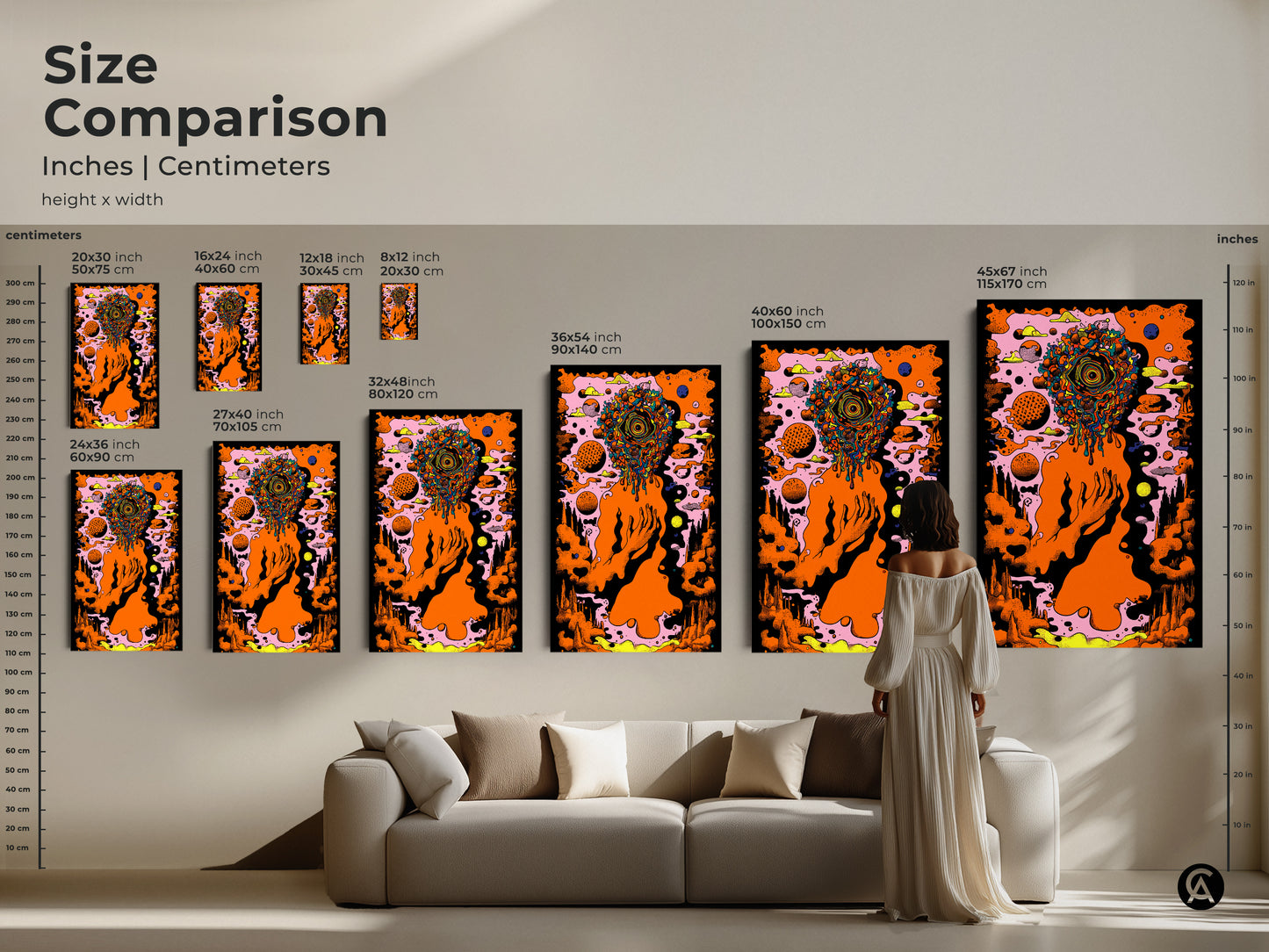 Size comparison of the surreal abstract art print with a model for scale. See how the orange eye head psychedelic canvas fits in a living space. Multiple sizes are showcased to help visualize the perfect fit for your eclectic office or unique home decor.