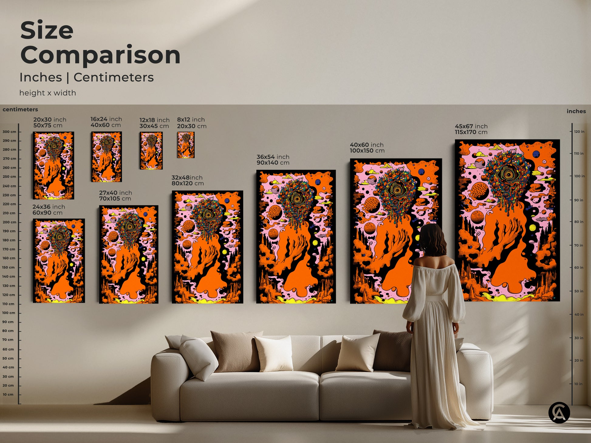 Size comparison of the surreal abstract art print with a model for scale. See how the orange eye head psychedelic canvas fits in a living space. Multiple sizes are showcased to help visualize the perfect fit for your eclectic office or unique home decor.