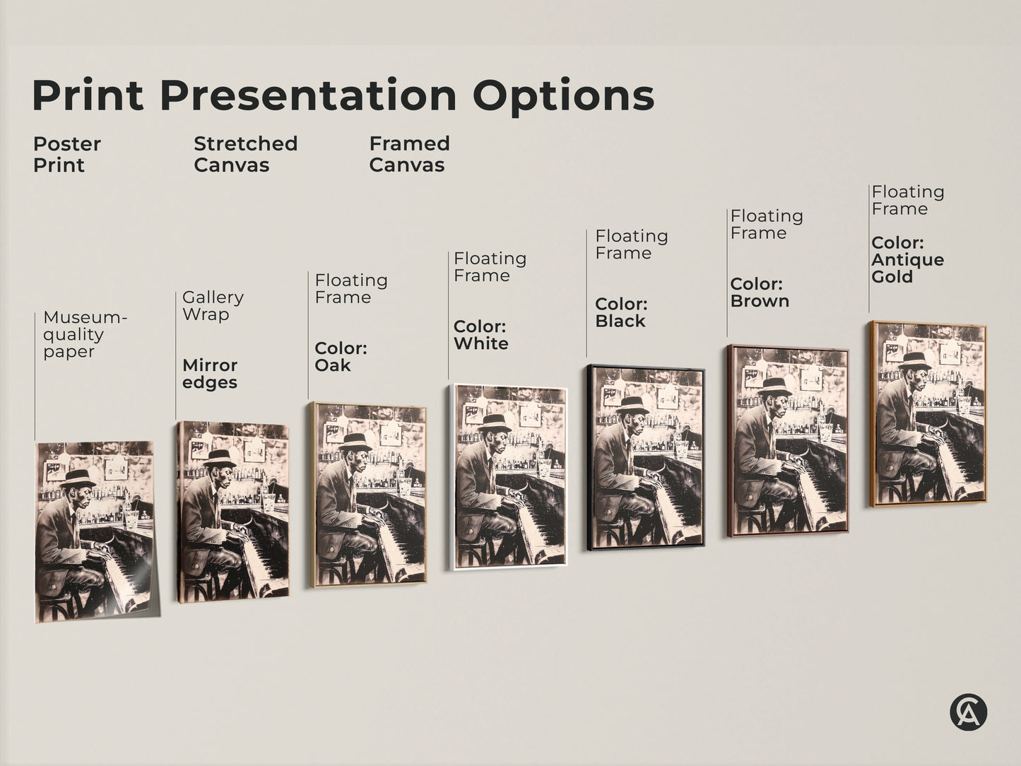 Explore print presentation options with this piano art piece. Choose from poster prints stretched canvas or framed canvas. Various floating frame colors are available including white black brown oak and antique gold. Find the perfect style to match your taste and decor today.