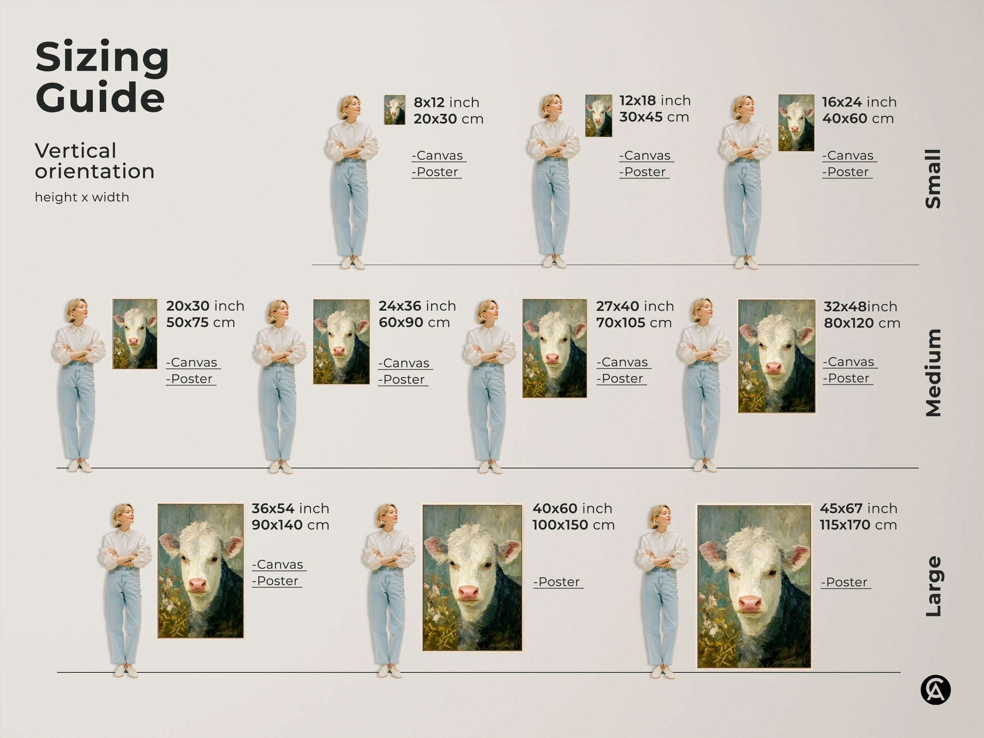 A sizing guide helps you visualize the hereford calf art in different dimensions. Available as canvas or poster prints in small medium and large sizes. Perfect for any space add a touch of country charm.