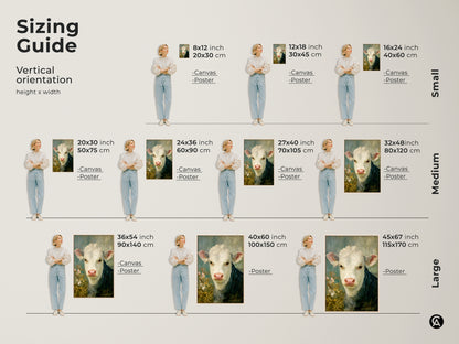 A sizing guide helps you visualize the hereford calf art in different dimensions. Available as canvas or poster prints in small medium and large sizes. Perfect for any space add a touch of country charm.