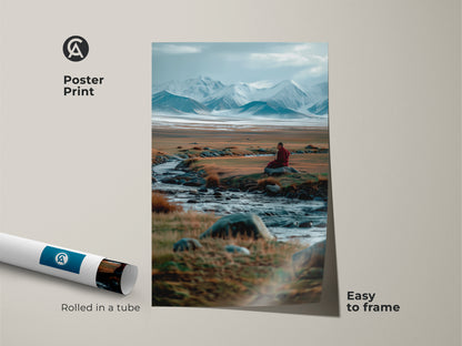 Poster print featuring a peaceful mountain landscape artwork. It shows a meditating monk by a flowing stream. The print is rolled in a tube for easy framing. It is museum-quality paper for your home or office.
