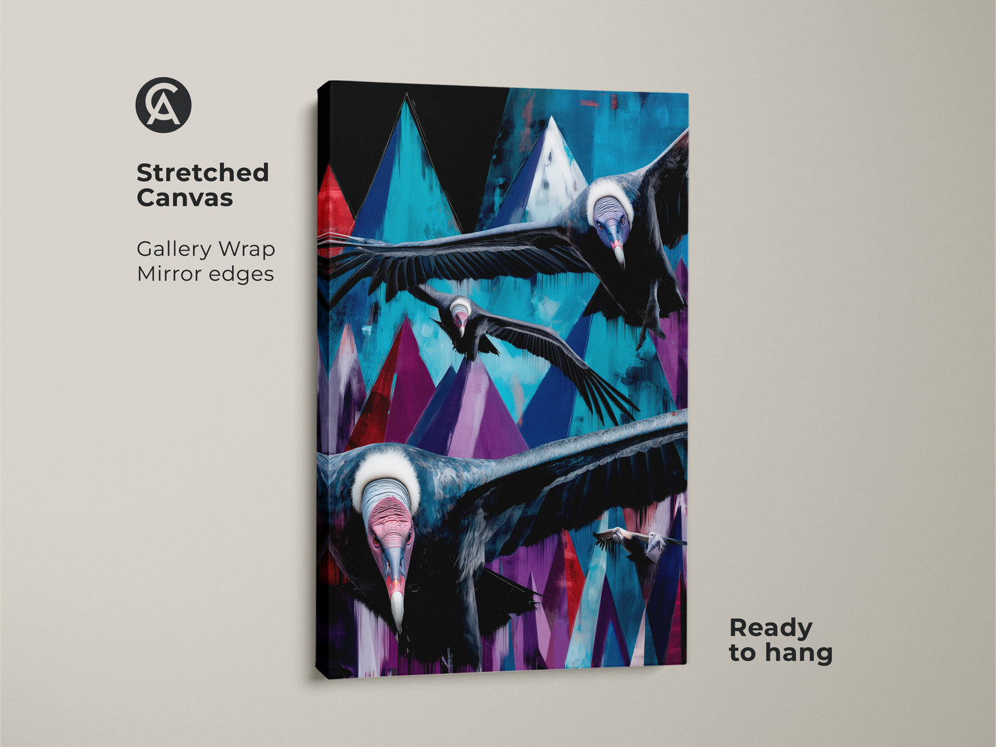 Stretched canvas print showcasing abstract vultures in flight. It features a geometric mountain backdrop in teal blue and purple. The gallery wrap has mirror edges and is ready to hang. Ideal for wildlife canvas art.