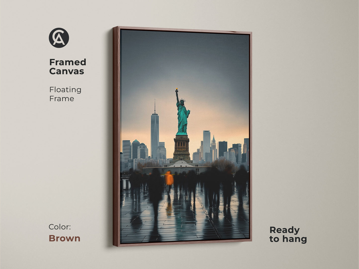 Framed canvas showcasing the NYC skyline and Statue of Liberty. The brown floating frame adds a touch of warmth to this contemporary artwork. This ready to hang piece is excellent wall art for a modern home. The teal and gray art print is a fine art cityscape.