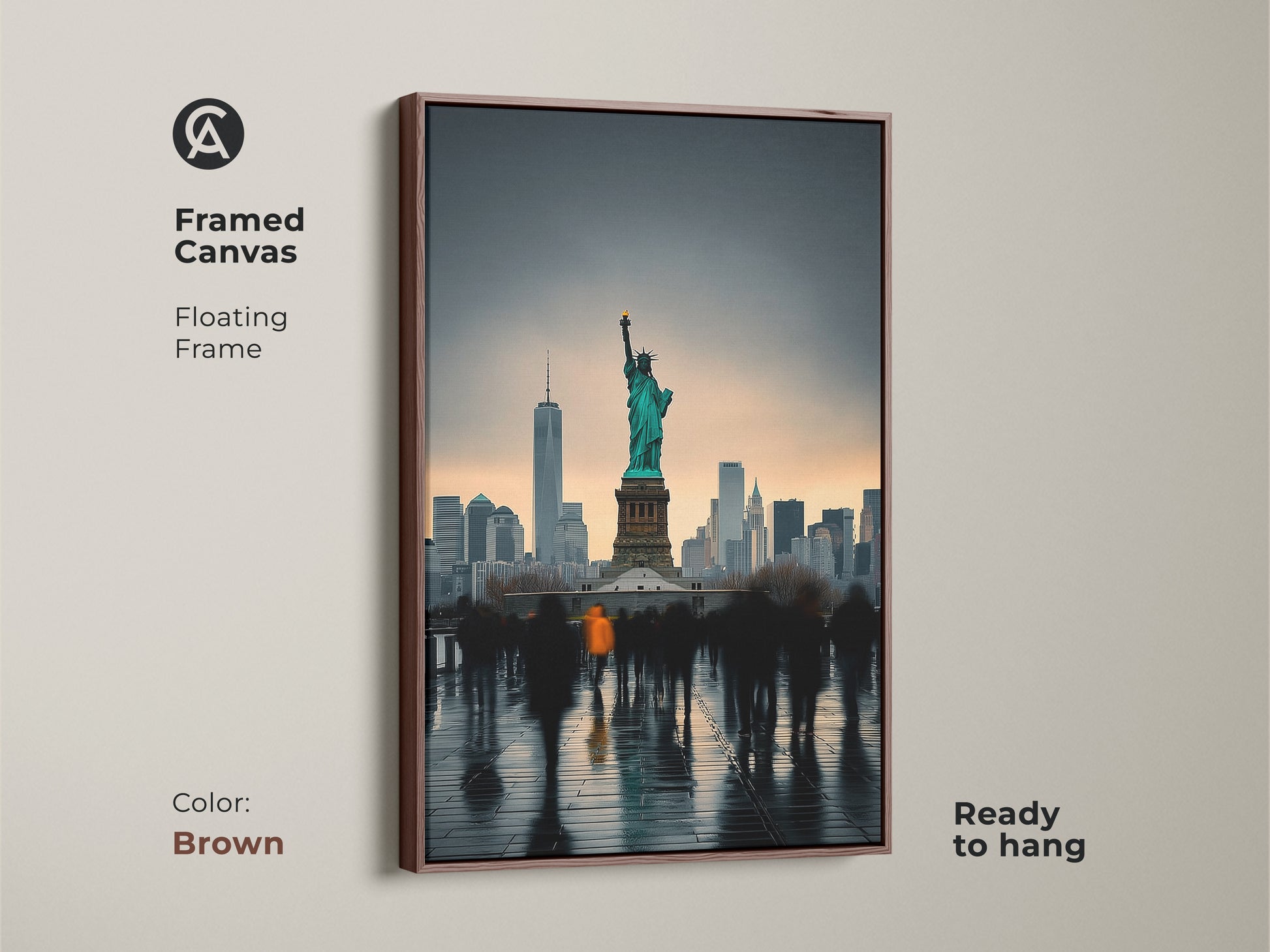 Framed canvas showcasing the NYC skyline and Statue of Liberty. The brown floating frame adds a touch of warmth to this contemporary artwork. This ready to hang piece is excellent wall art for a modern home. The teal and gray art print is a fine art cityscape.