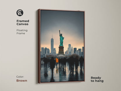 Framed canvas showcasing the NYC skyline and Statue of Liberty. The brown floating frame adds a touch of warmth to this contemporary artwork. This ready to hang piece is excellent wall art for a modern home. The teal and gray art print is a fine art cityscape.