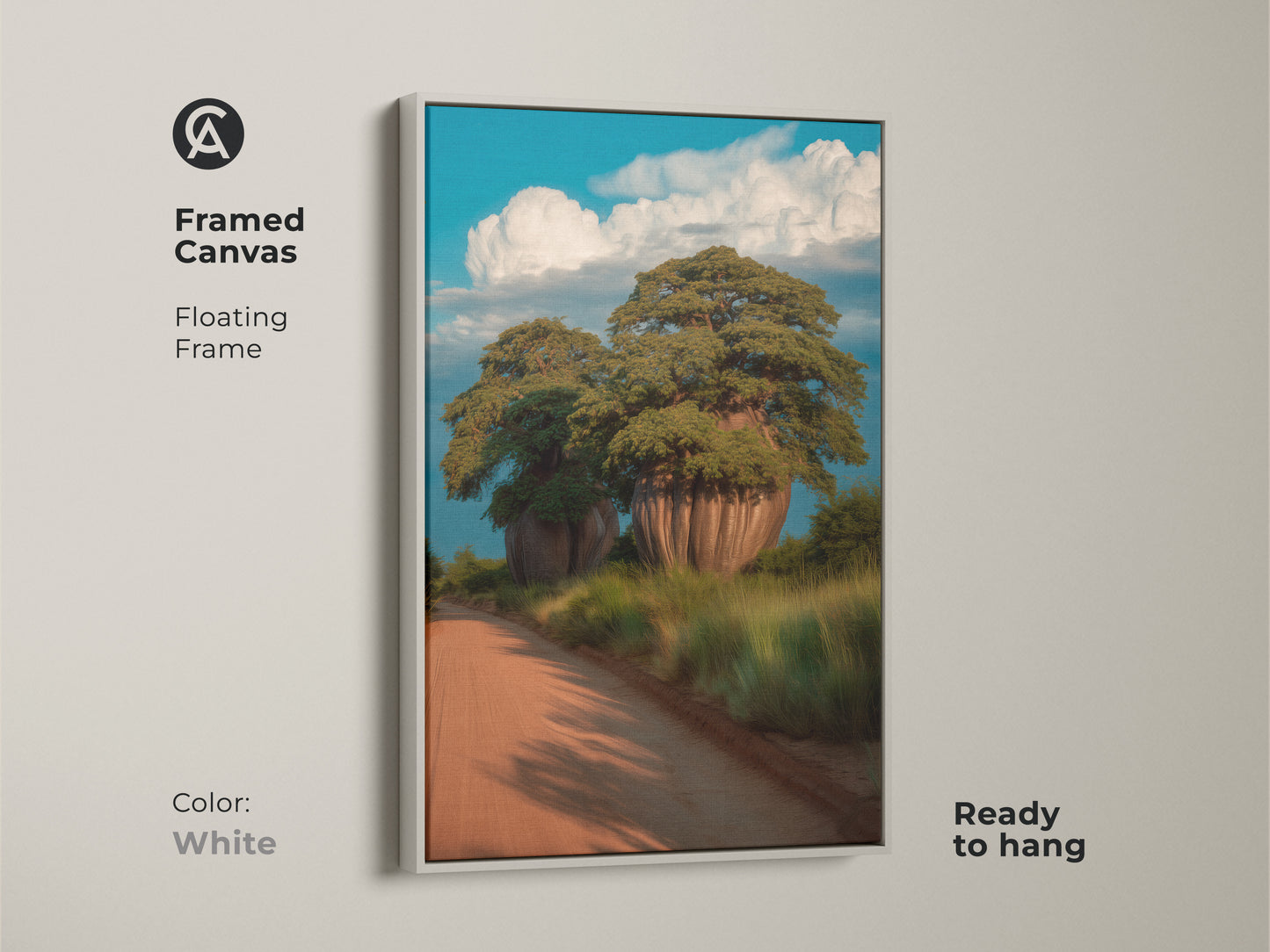 Framed canvas of African baobab trees with a white floating frame. This ready to hang artwork presents a realistic scenic painting. Perfect for minimalist boho home decor. It's a travel gift idea of nature inspired wall art.