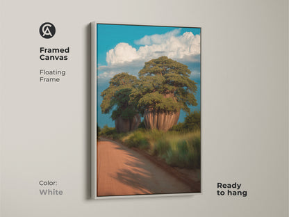 Framed canvas of African baobab trees with a white floating frame. This ready to hang artwork presents a realistic scenic painting. Perfect for minimalist boho home decor. It's a travel gift idea of nature inspired wall art.