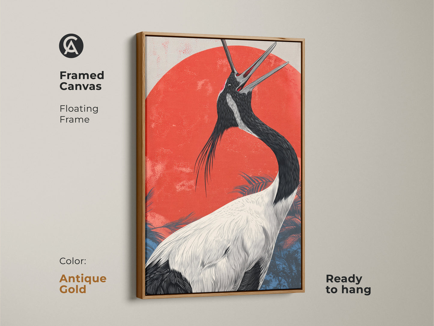 Framed canvas art of a Japanese crane. This piece with a antique gold floating frame is ready to hang. This red sun bird print creates a statement. This Asian wildlife artwork is perfect for eclectic office decor. A bird lover gift that embodies nature.