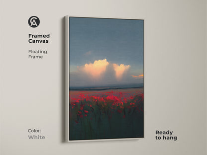 White Framed Canvas of Sunset Poppy Field. This contemporary floral print brings a serene vibe. Ready to hang the nature lover gift is perfect for any room. The white frame enhances its beauty.