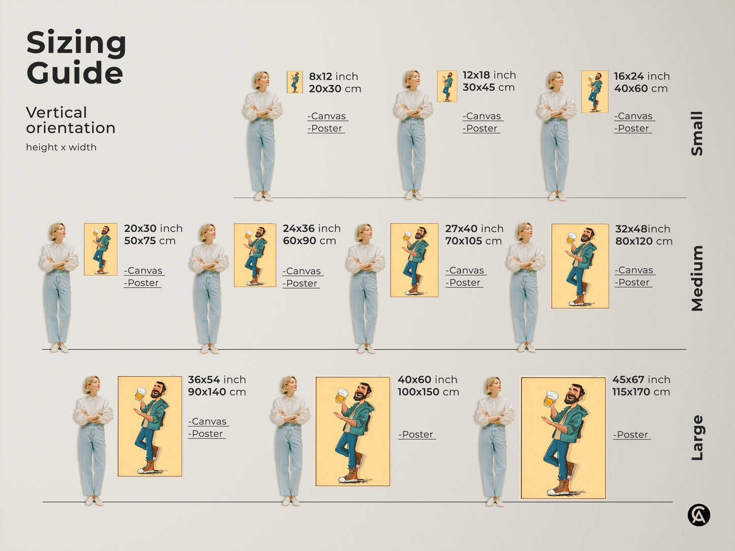 Sizing guide for the funny beer man canvas and poster art. Vertical orientation options ensure a perfect fit. Find the ideal size for your bar man cave or kitchen decor. It's a fun eclectic gift for Father's Day. Brighten your home with this cartoon style beer art in yellow orange and teal colors.