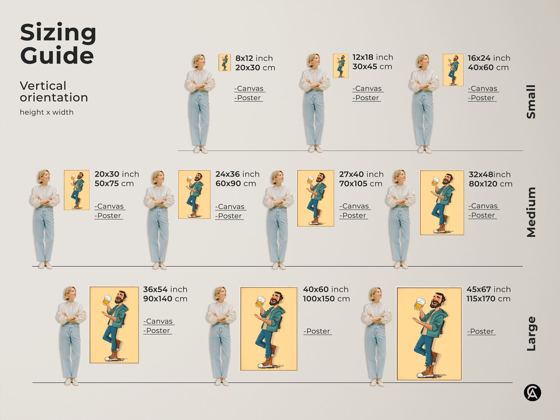 Sizing guide for the funny beer man canvas and poster art. Vertical orientation options ensure a perfect fit. Find the ideal size for your bar man cave or kitchen decor. It's a fun eclectic gift for Father's Day. Brighten your home with this cartoon style beer art in yellow orange and teal colors.