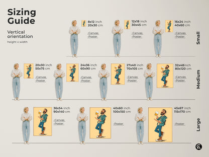 Sizing guide for the funny beer man canvas and poster art. Vertical orientation options ensure a perfect fit. Find the ideal size for your bar man cave or kitchen decor. It's a fun eclectic gift for Father's Day. Brighten your home with this cartoon style beer art in yellow orange and teal colors.