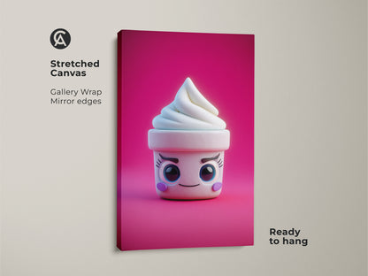 Gallery wrapped stretched canvas featuring a kawaii ice cream cone art print. The cute soft serve design has mirror edges. The pink abstract food wall art is ready to hang. It's great for kids birthday gift art.