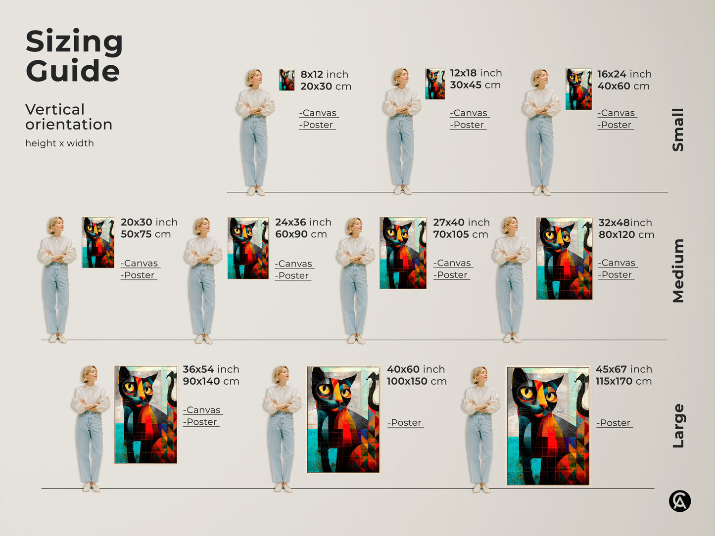 Sizing guide for vertical orientation abstract cat art prints on canvas and poster. Visuals show how the artwork fits in different room sizes. Options range from small 8x12 inch to large 45x67 inch prints. Perfect for eclectic home decor and cat lover gifts.