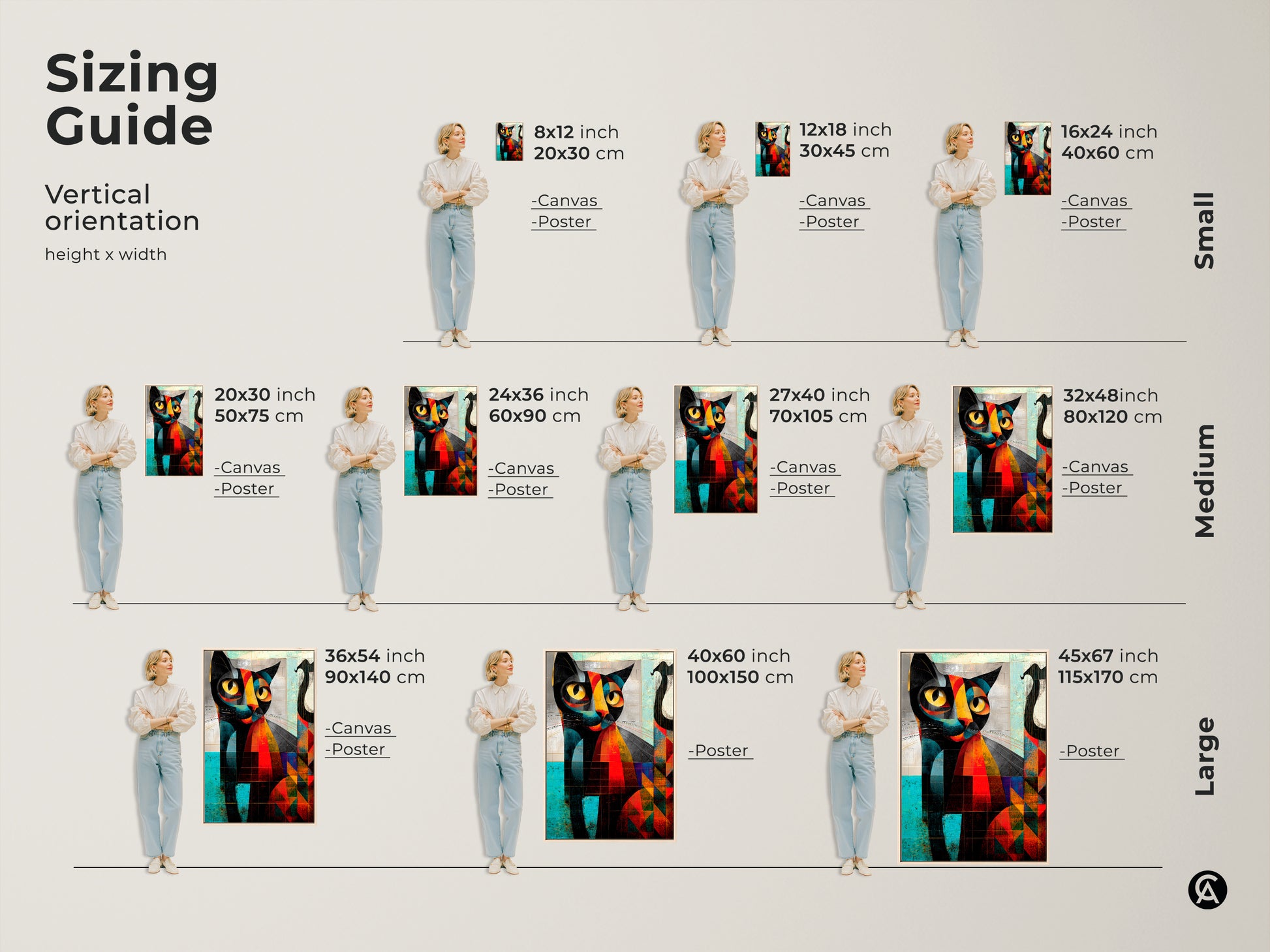 Sizing guide for vertical orientation abstract cat art prints on canvas and poster. Visuals show how the artwork fits in different room sizes. Options range from small 8x12 inch to large 45x67 inch prints. Perfect for eclectic home decor and cat lover gifts.