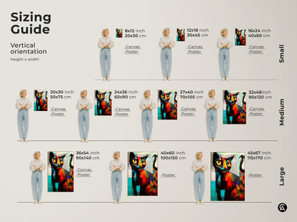 Sizing guide for vertical orientation abstract cat art prints on canvas and poster. Visuals show how the artwork fits in different room sizes. Options range from small 8x12 inch to large 45x67 inch prints. Perfect for eclectic home decor and cat lover gifts.