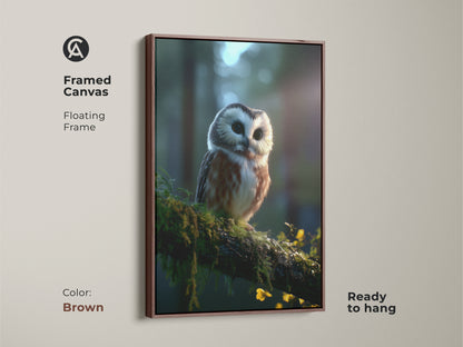 Framed canvas of a forest wildlife owl with a floating brown frame. This rustic nature decor shows an owl perched on a mossy branch. The detailed animal portrait is ready to hang. It is a perfect housewarming gift for him.
