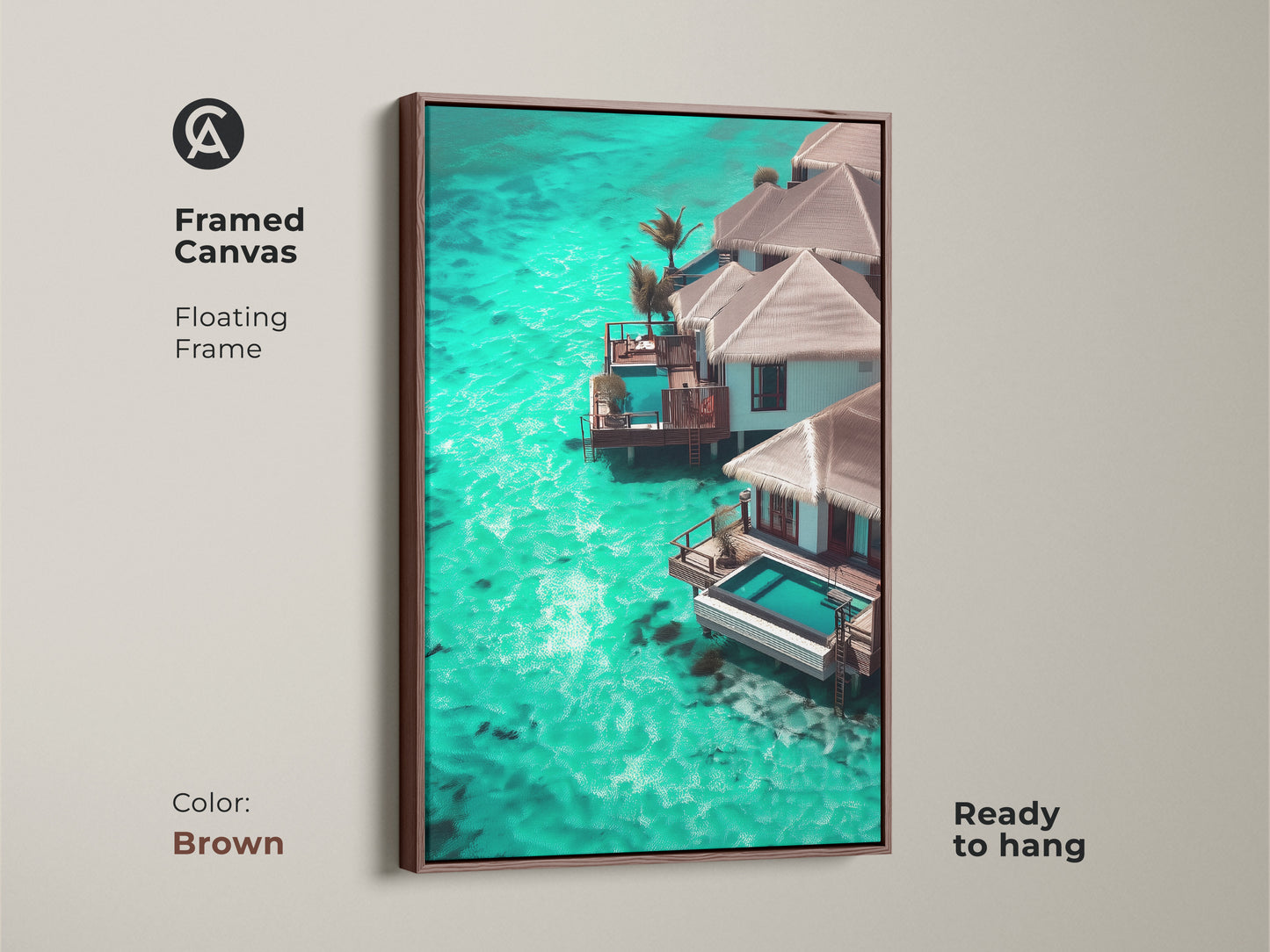 Brown Framed Canvas of Maldives overwater bungalow art. This turquoise ocean canvas print is coastal tropical wall art. The beach house paradise decor is the perfect bungalow travel artwork. Luxury villa ocean view is ideal tropical paradise home decor. Ready to hang floating frame