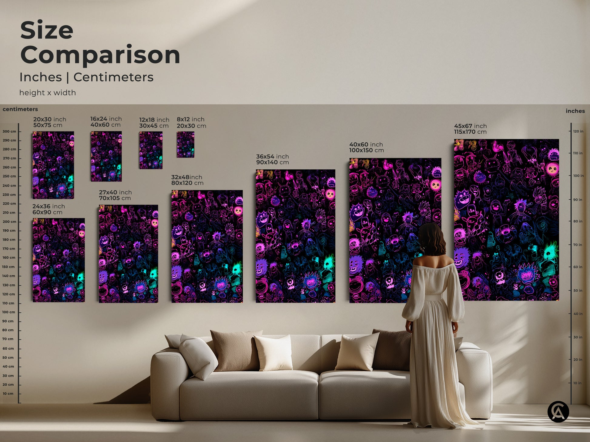 Size comparison for neon cartoon character art in inches and centimeters. This artwork ranges from small to large. Visualize how each size fits in your home. Perfect wall art to elevate your home decor. Find the ideal size to match your style