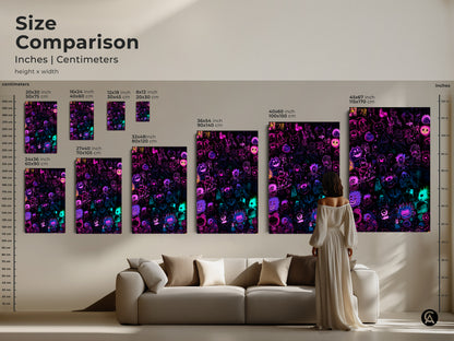 Size comparison for neon cartoon character art in inches and centimeters. This artwork ranges from small to large. Visualize how each size fits in your home. Perfect wall art to elevate your home decor. Find the ideal size to match your style