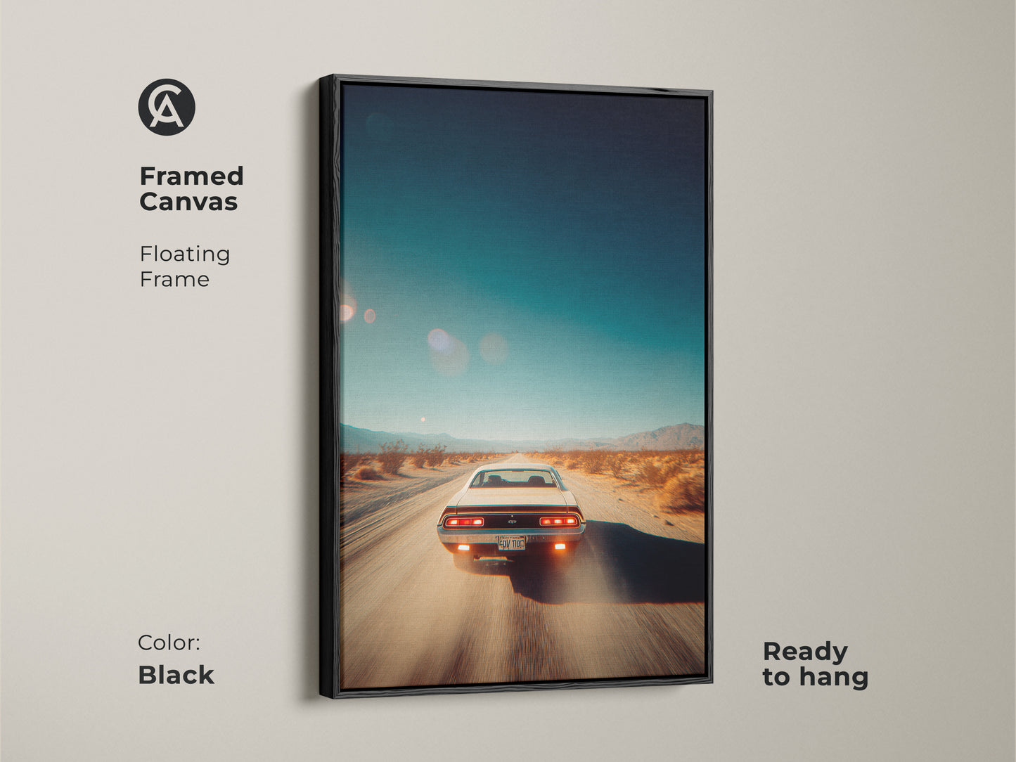 Black framed canvas artwork showing a vintage car on a desert highway. The floating frame adds a touch of elegance. This ready-to-hang artwork is ideal for car enthusiasts. Enhance your home decor with this black framed art piece.