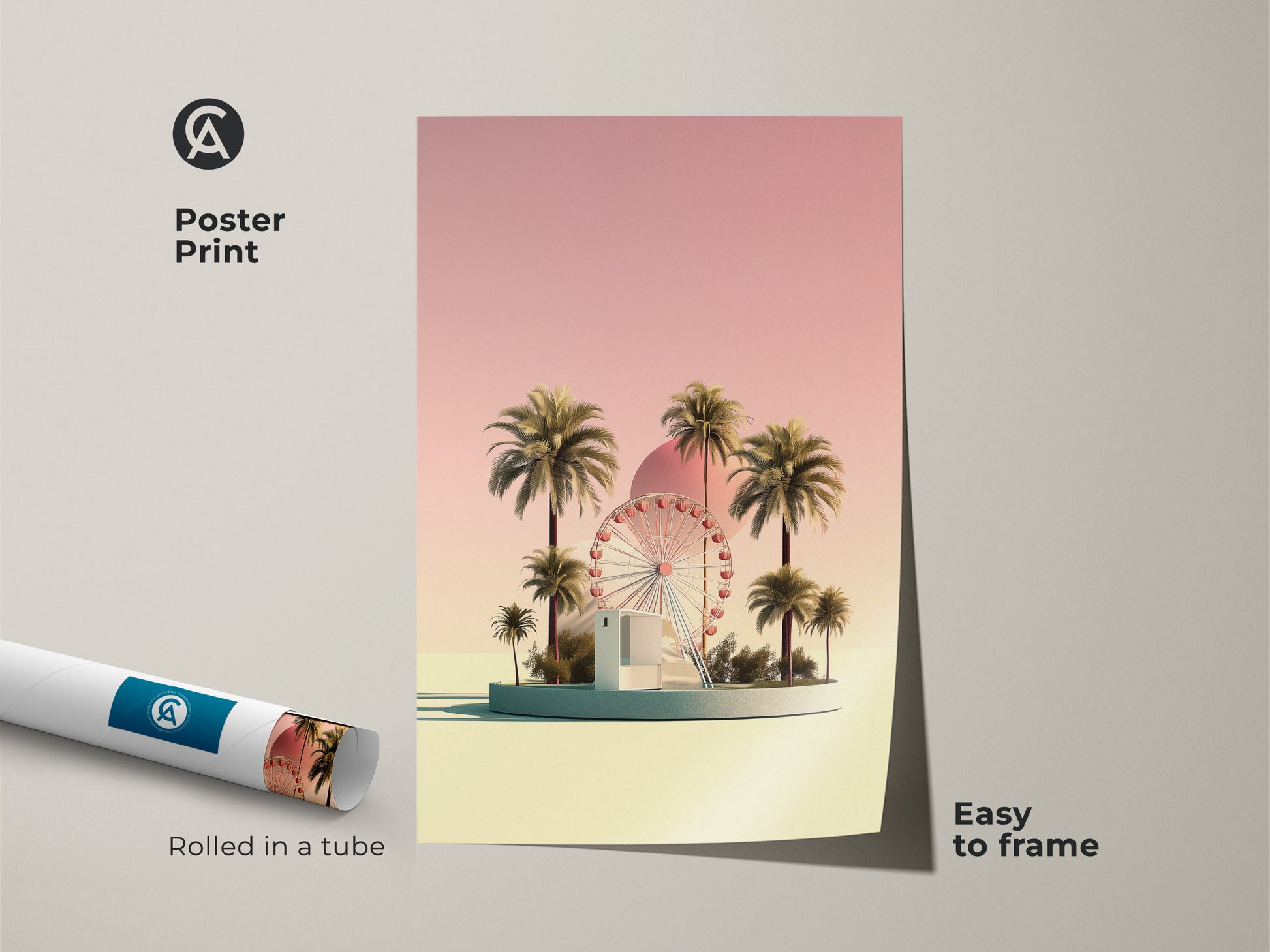 Retro Futurism poster print of a Ferris wheel and palm trees. This pastel yellow and rose gold wall decor is perfect for framing. This boho art embodies summer vacation vibes. Its amusement park aesthetic brings a whimsical touch. A travel lover gift with a surreal landscape appeal and dreamy pastel colors.