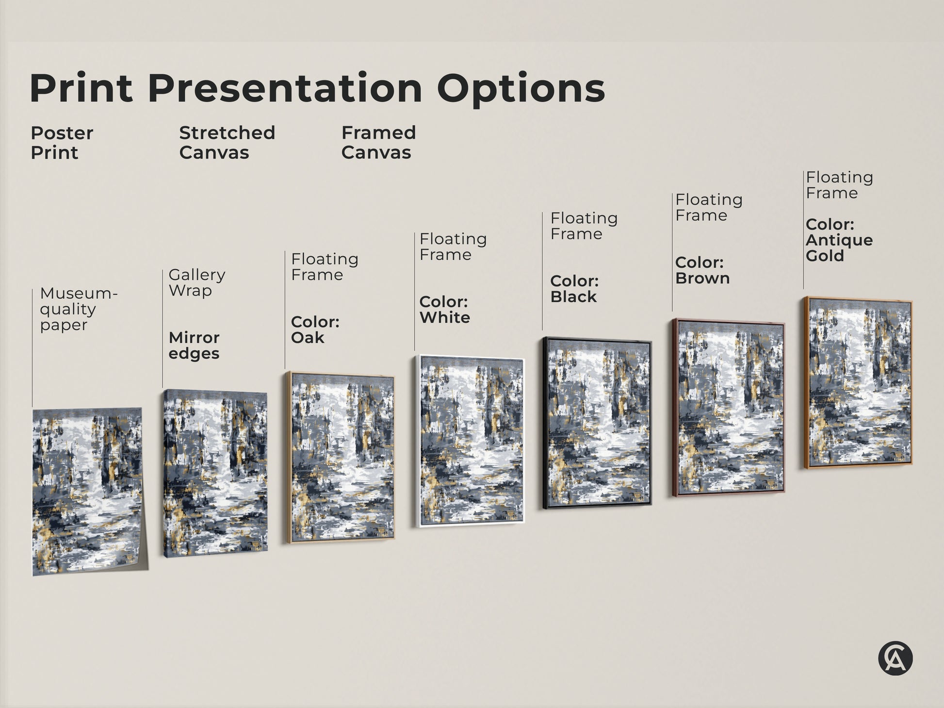 Explore print presentation options for abstract canvas art. Choose from poster prints stretched canvas and framed canvas styles. Each featuring charcoal gray and gold artwork. Find the perfect modern wall art to complement your sophisticated home decor.