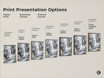 Explore print presentation options for abstract canvas art. Choose from poster prints stretched canvas and framed canvas styles. Each featuring charcoal gray and gold artwork. Find the perfect modern wall art to complement your sophisticated home decor.