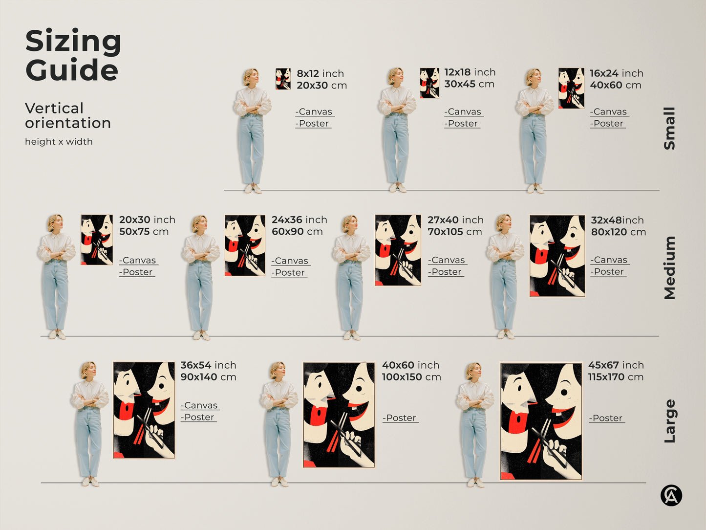 Sizing guide for retro couple art. Find the perfect fit from small to large canvas or poster prints. Asian culture inspired wall art is a great eclectic touch for kitchen decor. Find the right size for foodie gifts to celebrate shared meals.
