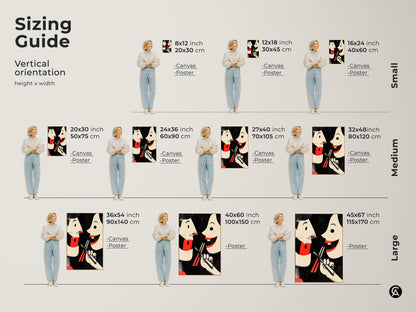 Sizing guide for retro couple art. Find the perfect fit from small to large canvas or poster prints. Asian culture inspired wall art is a great eclectic touch for kitchen decor. Find the right size for foodie gifts to celebrate shared meals.