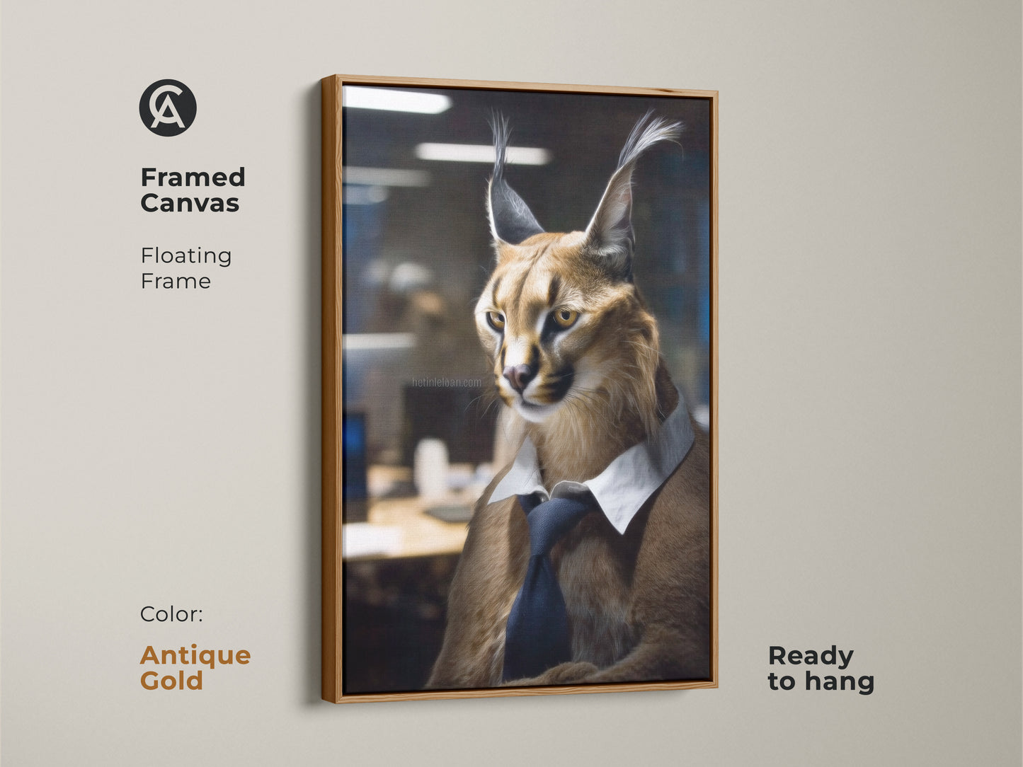 Framed Canvas artwork showcases a Caracal in business attire. This upscale animal wall art is ready to hang. The antique gold floating frame complements this contemporary office artwork.