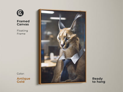 Framed Canvas artwork showcases a Caracal in business attire. This upscale animal wall art is ready to hang. The antique gold floating frame complements this contemporary office artwork.